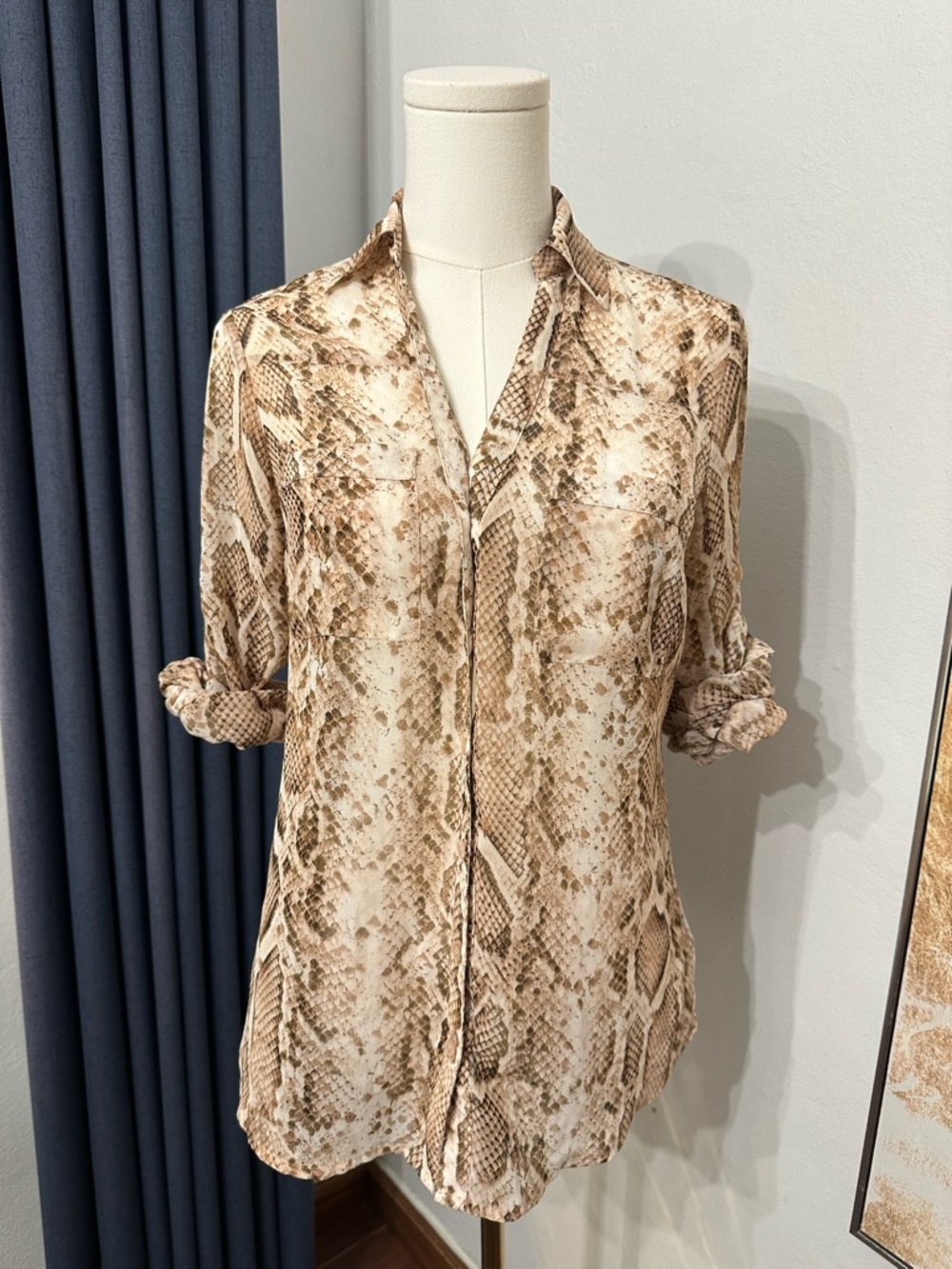 Express Snake Print Button-Up Blouse in Beige & Brown Casual Office